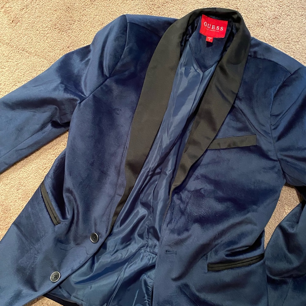Guess Blue and Black Sport Coat with Satin Lapels